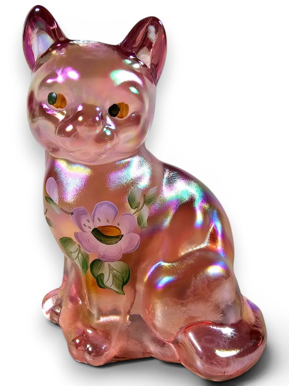 Fenton Glass Cat Iridescent Pink Hand Painted Flowers Floral Artist Signed 3.5"